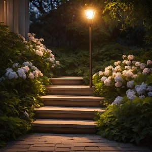 A set of wooden steps leads upwards at night, flanked by white flowering bushes. A lamppost stands beside the steps, illuminating the scene with a warm light. The base of the steps meets a brick walkway.