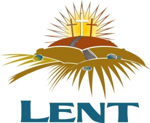 An image depicting Lent - the word "Lent" at the bottom, and a view up a series of hills looking towards the three empty crosses.